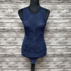 Haute Monde Navy Blue Mesh/Lace Bodysuit-Size M